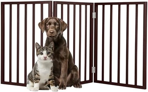 Brown three panel freestanding dog gate
