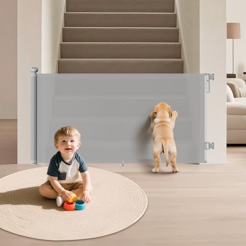 Gray extra wide retractable mesh baby gate