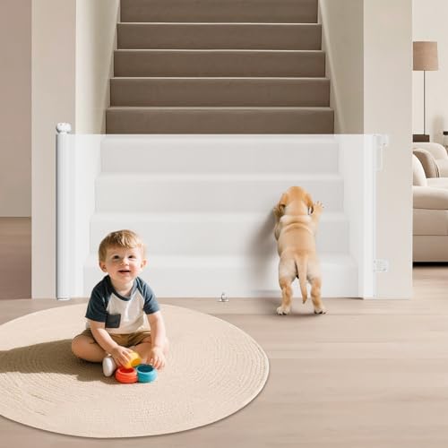 Retractable Baby Gate for Stairs 34" Tall Fits Up to 55" Wide White